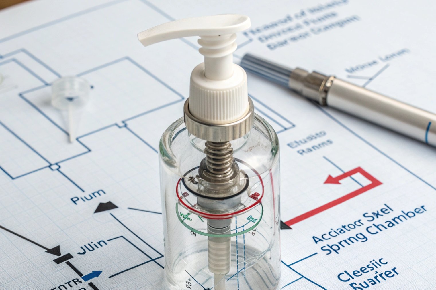 transparent pump bottle with visible metal spring on engineering blueprint