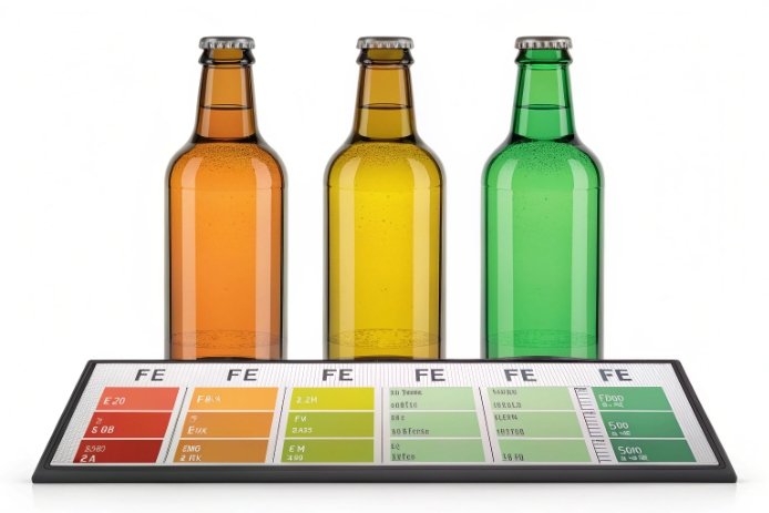 Amber, flint, and green bottles displayed with iron color control reference chart
