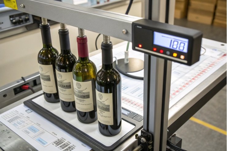 Automated equipment testing four glass wine bottles for strength and consistency