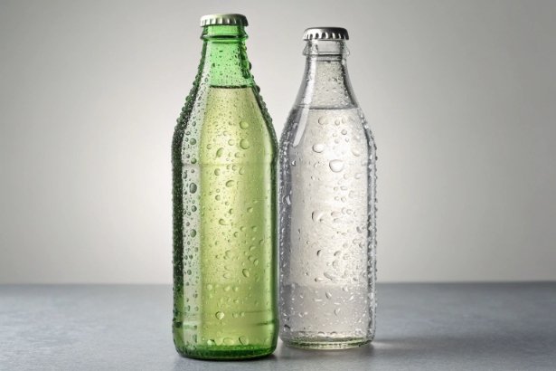 Condensation bottle comparison Green and clear glass bottles with condensation droplets comparing bottle surface and cooling