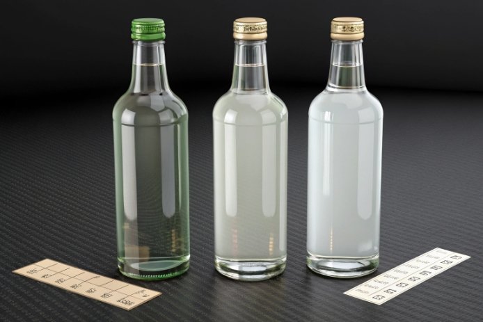 Green and flint glass bottles compared for tint and clarity on black background.