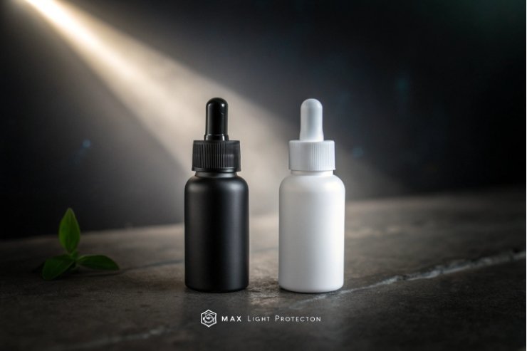 Black and white matte dropper bottles for maximum light protection cosmetic formulas