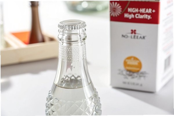 Clear embossed glass beverage bottle with crown cap and retail carton background