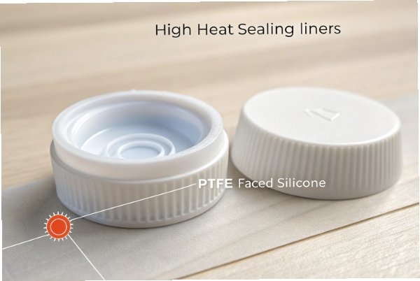 White plastic caps with PTFE faced silicone liners for high heat sealing