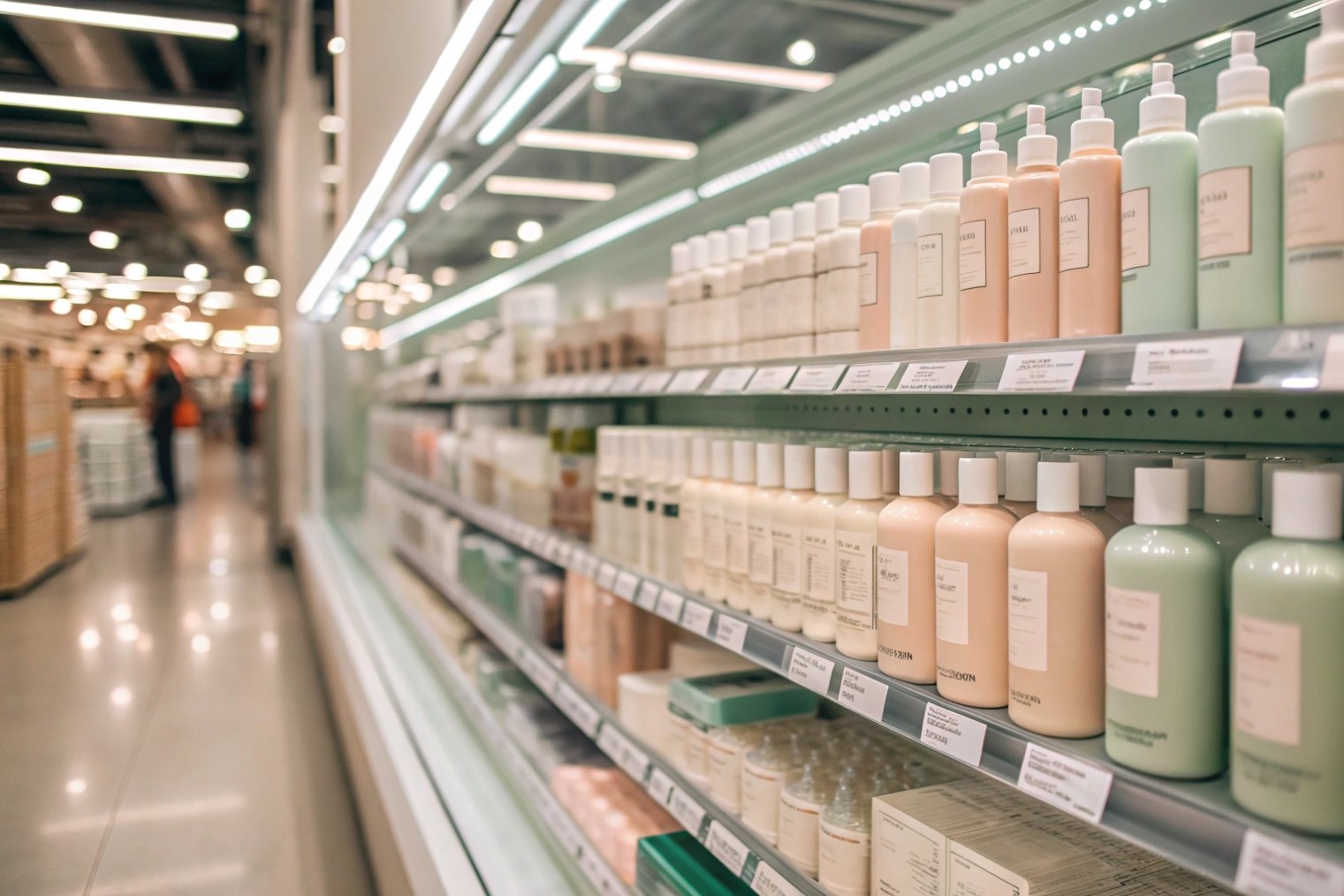 Cosmetics aisle with rows of uniform pastel lotion bottles on a well-lit refrigerated shelf