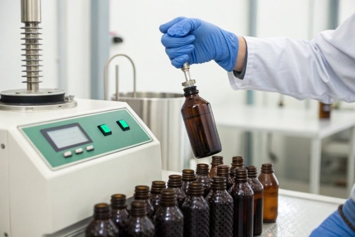 Digital torque tester verifying cap tightness on FuSenglass products for quality assurance