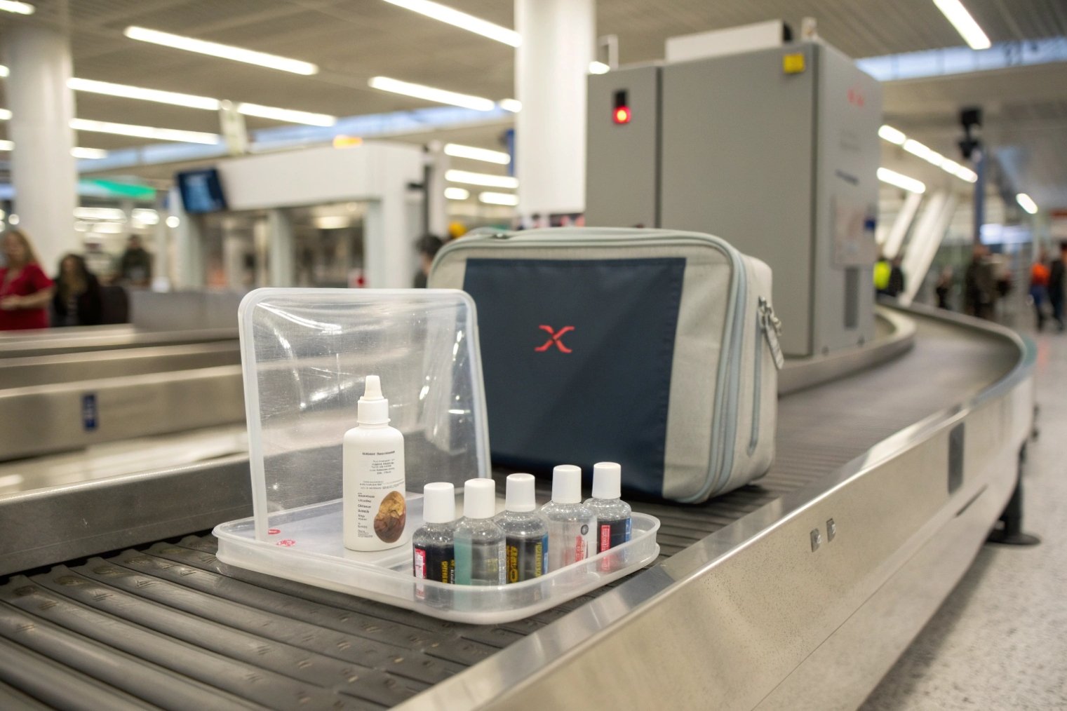 clear travel-size toiletry bottles in plastic tray on airport security conveyor