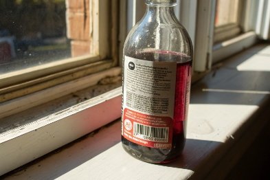 Glass beverage bottle on windowsill showing sunlight exposure during shelf life testing