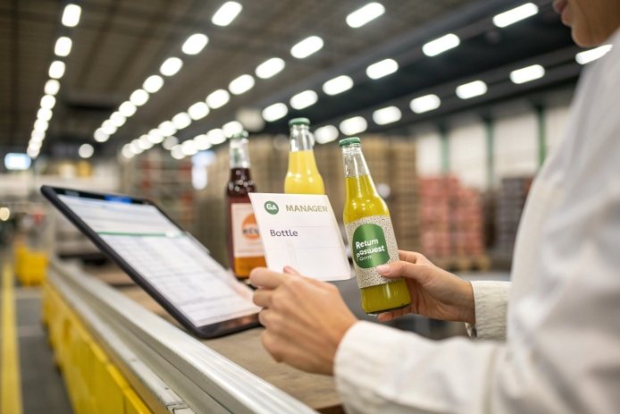Quality manager inspecting returnable beverage bottles using tablet on warehouse line