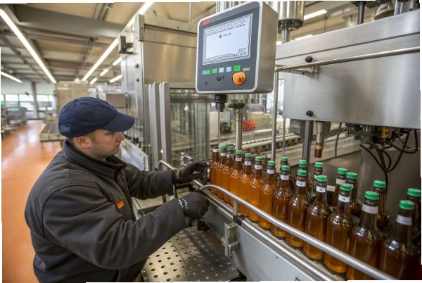 Operator adjusting bottling line with filled amber glass bottles for quality checks