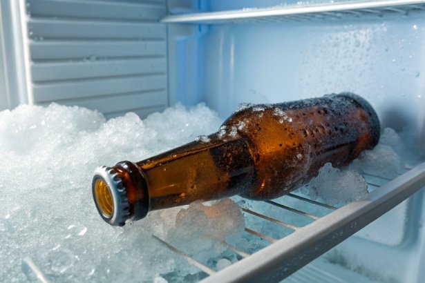 Amber glass beer bottle lying in freezer surrounded by ice and frost