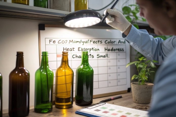Lab/QA bench scene: a technician shines a lamp on green/amber bottles in front of a whiteboard note about Fe/Co affecting color, heat absorption, and haze; color swatches and notes on the table.