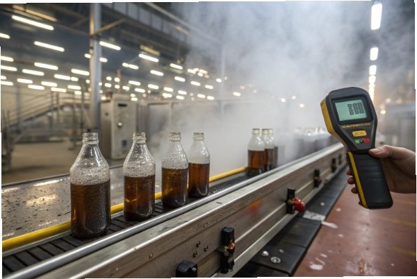 Infrared thermometer checking hot fill bottle temperature on cooling conveyor line
