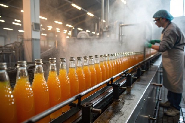 Orange juice bottles on conveyor with steam tunnel in industrial hot fill line