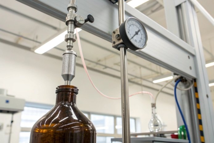 Pressure and leak test setup for amber glass bottle quality control in lab