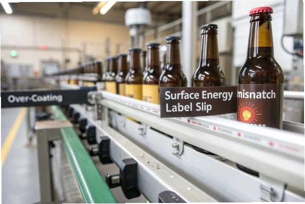 Over-coated beer bottles on conveyor causing label slip from surface energy mismatch