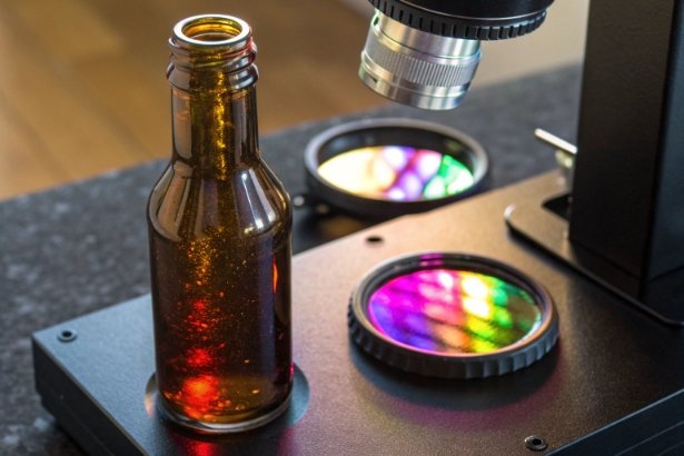 Optical defect inspection Amber glass bottle inspected on optical instrument with rainbow filter for defect detection