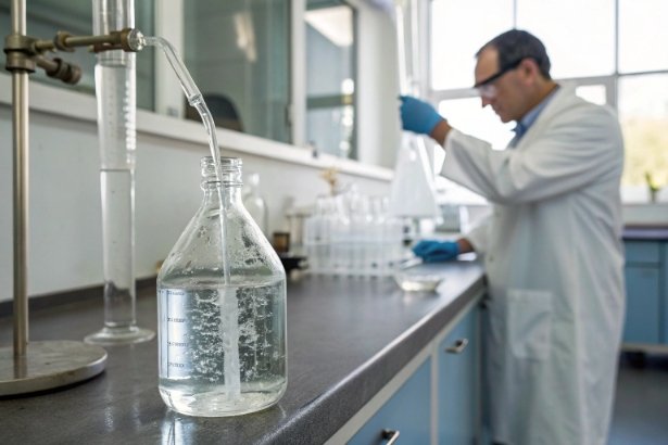 Lab liquid testing Laboratory technician measuring liquid into glass container during formulation and testing