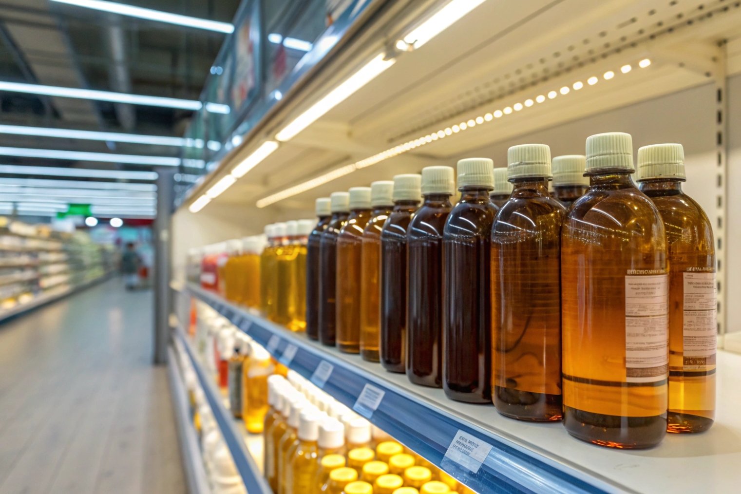 Row of pharmaceutical-style amber bottles on refrigerated retail shelf showing variation in color density