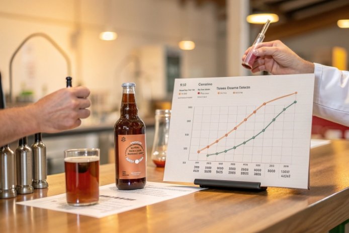 Lab test setup measuring beverage stability with chart, samples, and bottle.