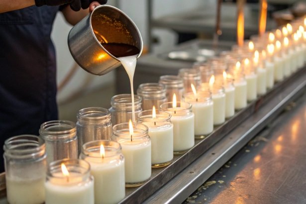 Worker pouring wax into glass candle jars on production line with lit wicks