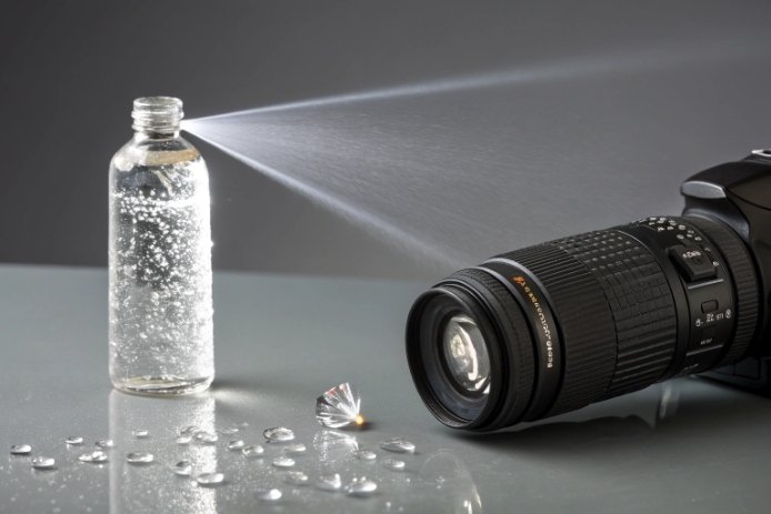 Spray test on clear bottle with camera lens inspecting haze, droplets, and clarity defects