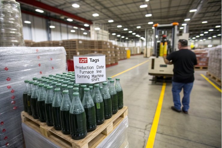 Pallet of green glass bottles in warehouse with lot tags and forklift nearby