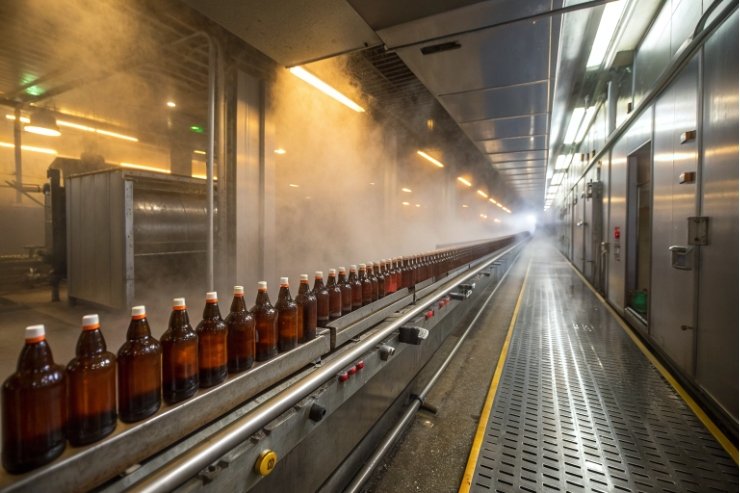 Amber glass bottles moving through steam sterilization tunnel on filling line