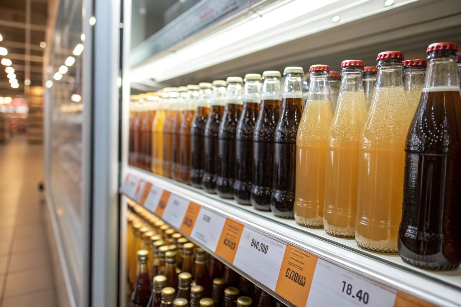 Assorted beverages in clear glass bottles displayed in refrigerated supermarket shelf