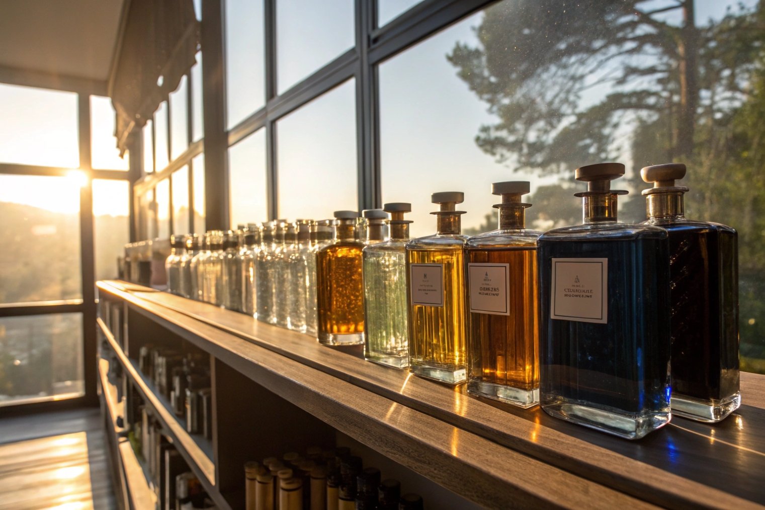 sunlit row of premium glass spirit bottles on wooden shelf by window