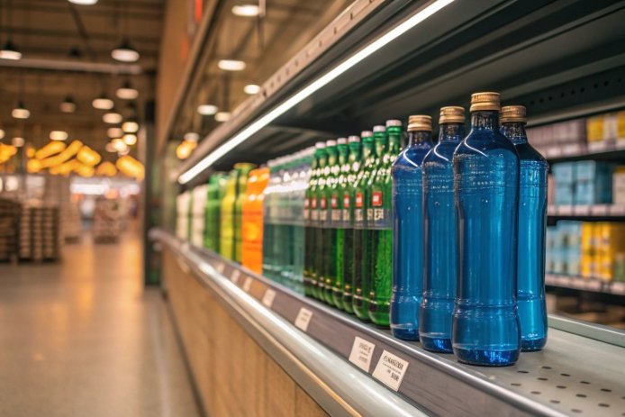 Blue and green glass bottles on production shelf for color sorting and quality check