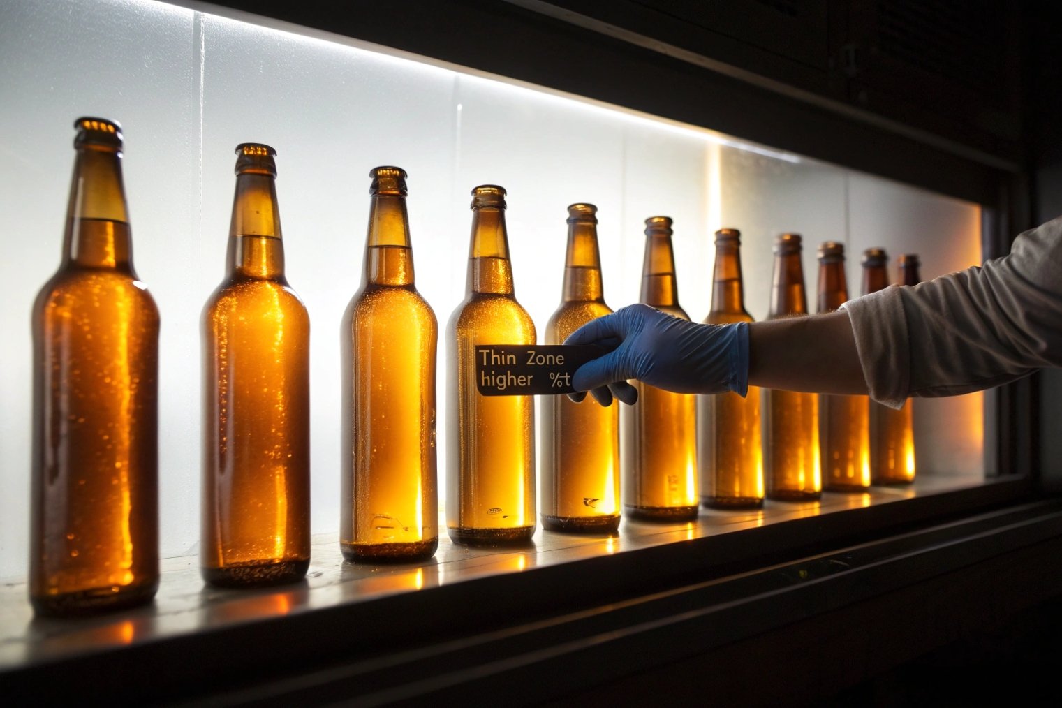 Inspector checking amber beer bottles for thin wall zones under backlight panel