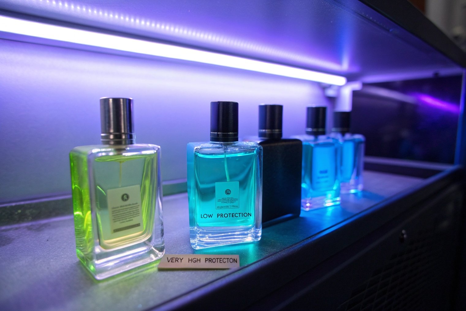 Row of perfume bottles glowing under blue and purple UV lights, with labels reading ‘LOW PROTECTION’ and ‘VERY HIGH PROTECTON’