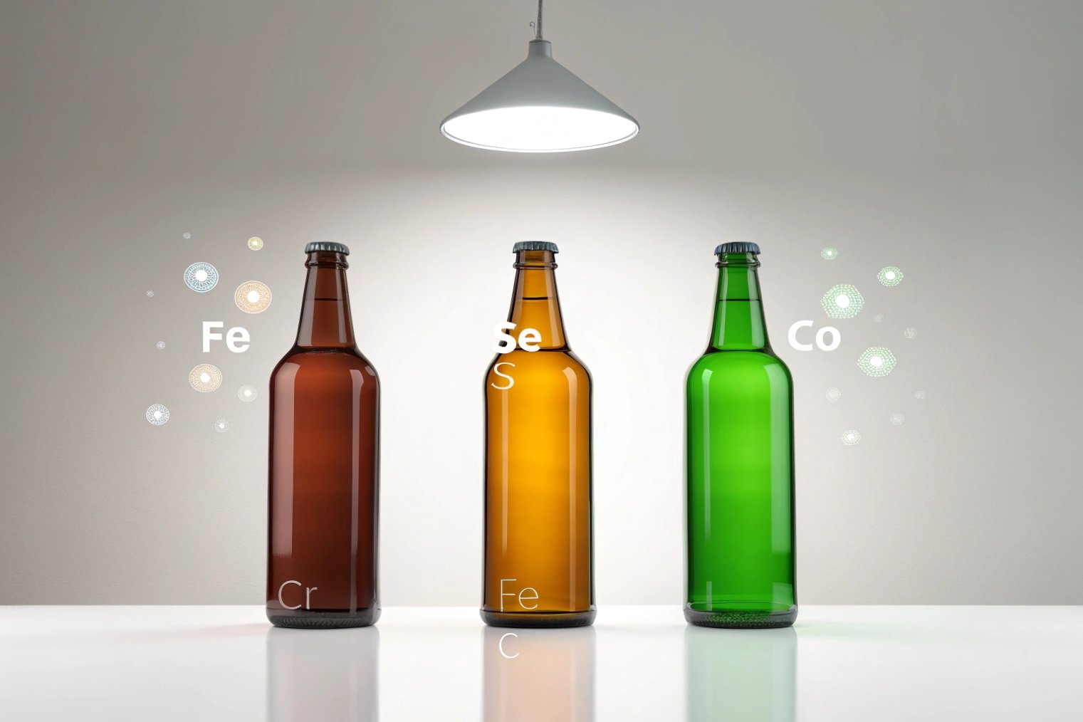 brown amber green beer bottles showing coloring trace elements under spotlight