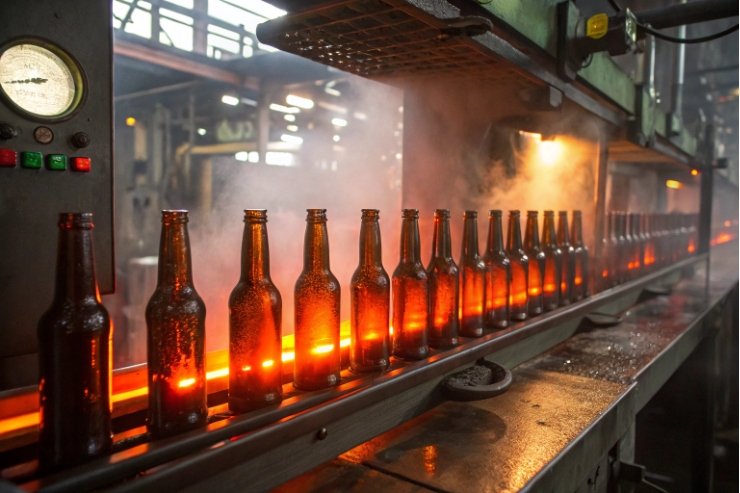 Row of hot amber beer bottles leaving furnace on steamy production conveyor