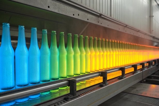 Colored glass bottles on annealing conveyor showing temperature gradient through lehr