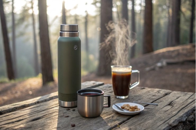 Thermal flask and coffee mugs in a forest setting for an outdoor drink break