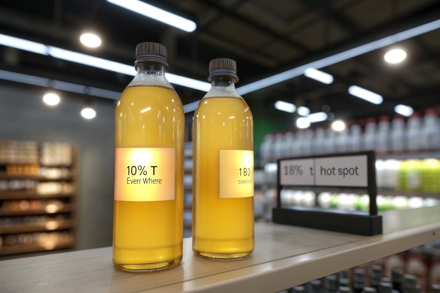 Two filled amber beverage bottles on a store shelf, one labeled ‘10% T everywhere’ and the other showing an ‘18% T hotspot’ risk