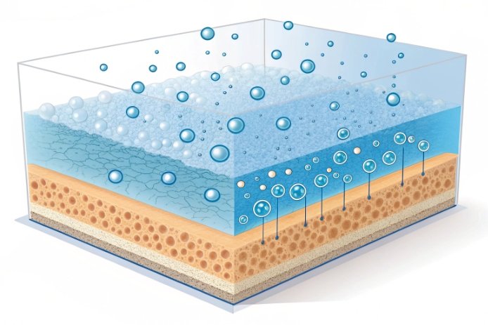 Cross-section diagram showing water penetration and bubble formation causing surface weathering