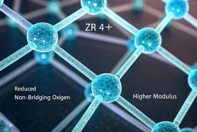 Zr4+ network structure illustration showing reduced non-bridging oxygen and higher glass modulus.