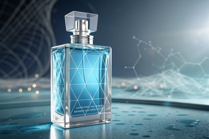Blue glass perfume bottle with geometric pattern, premium cosmetic packaging concept.