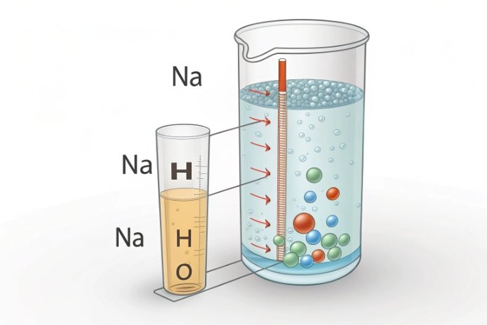Cartoon of a beaker and graduated cylinder with “Na / H / O” labels and colored spheres in solution, illustrating alkali ion exchange/leaching (sodium release) during aqueous exposure.
