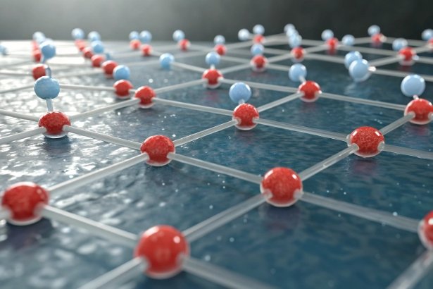 Molecular lattice structure concept showing bonded spheres over glossy surface for material science