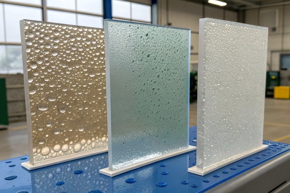Three coated glass panels showing different condensation and water repellency levels