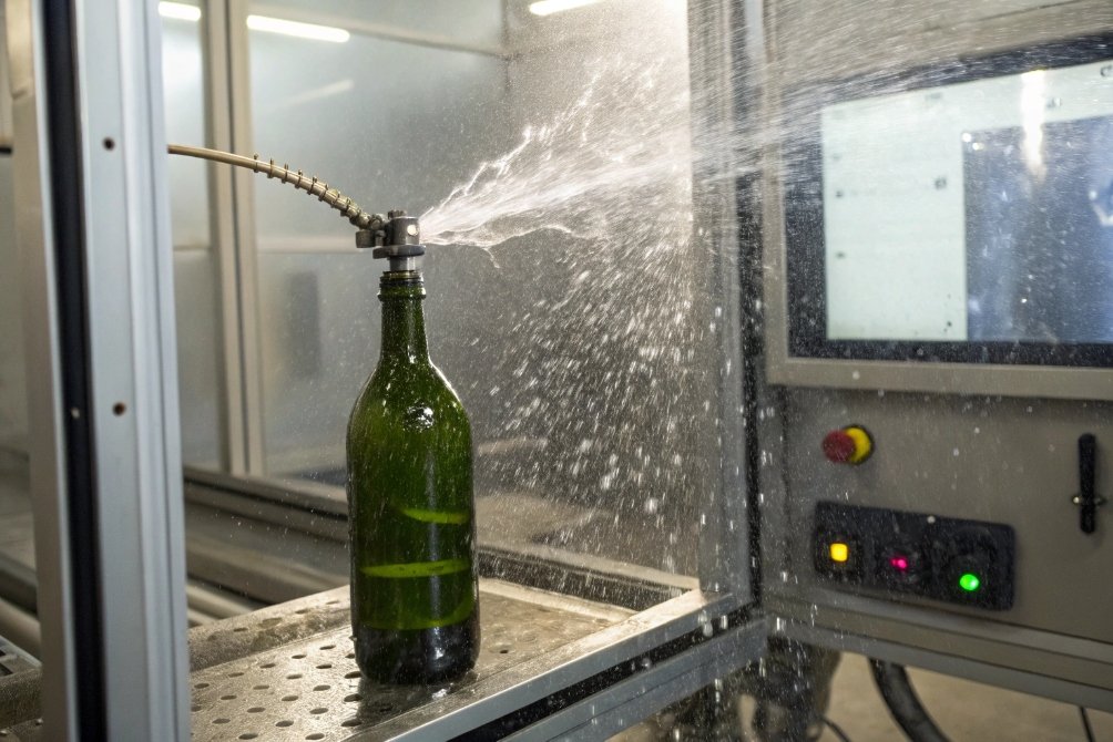 Glass wine bottle undergoing high pressure water spray resistance test in lab chamber