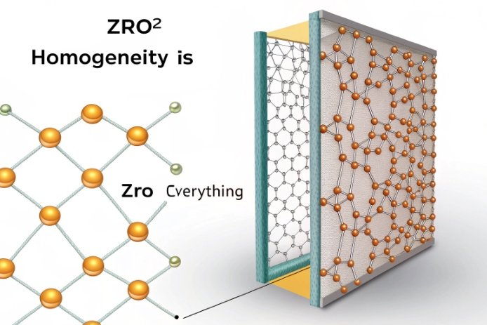 ZrO2 homogeneity infographic showing zirconia lattice structure and layered material cross-section.