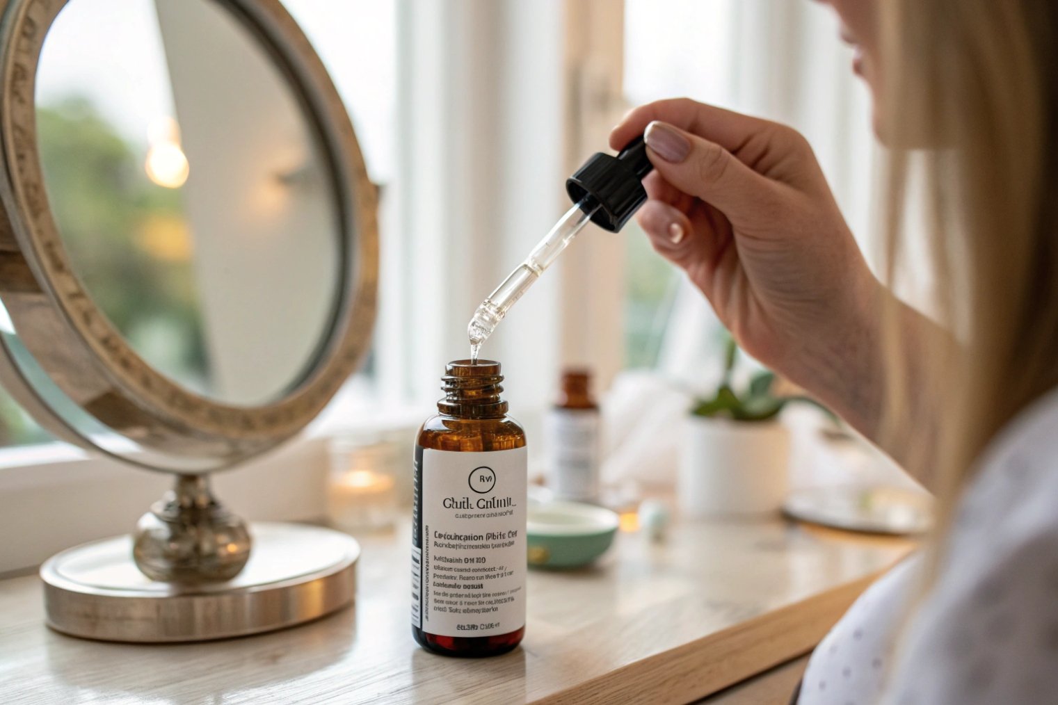 woman applying facial serum from amber dropper bottle at vanity beside mirror and candles