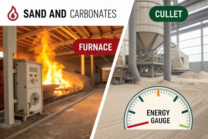 Infographic comparing sand batch furnace versus cullet use with energy gauge savings