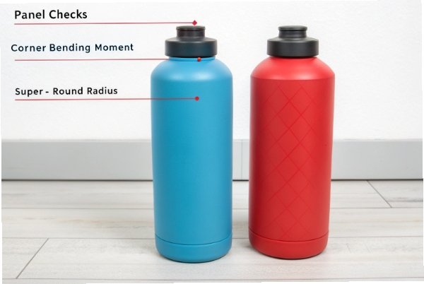 Two insulated metal bottles showing panel checks and rounded radius inspection