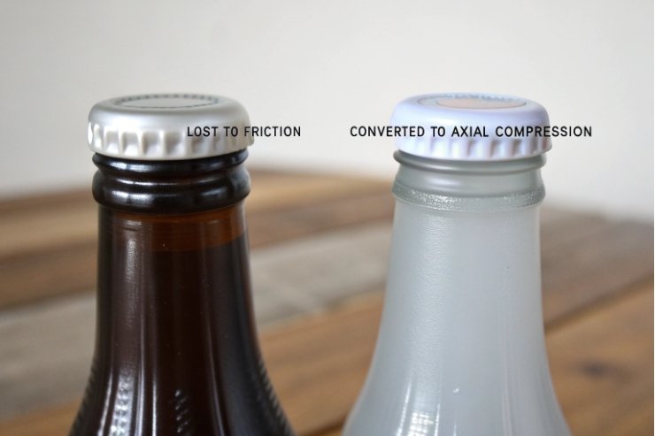 Two crown capped bottles comparing friction loss and axial compression sealing performance